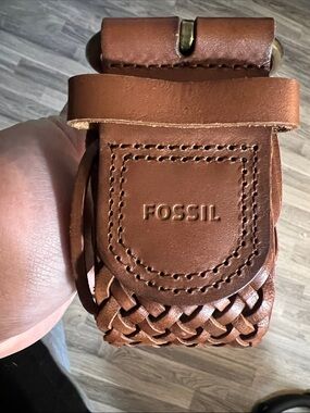 Fossil Brown Woven Leather Belt with Brass Ring Buckle